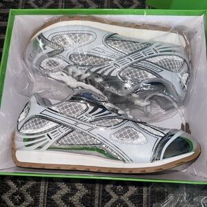 Bottega Veneta White Silver Green Mesh Sneakers